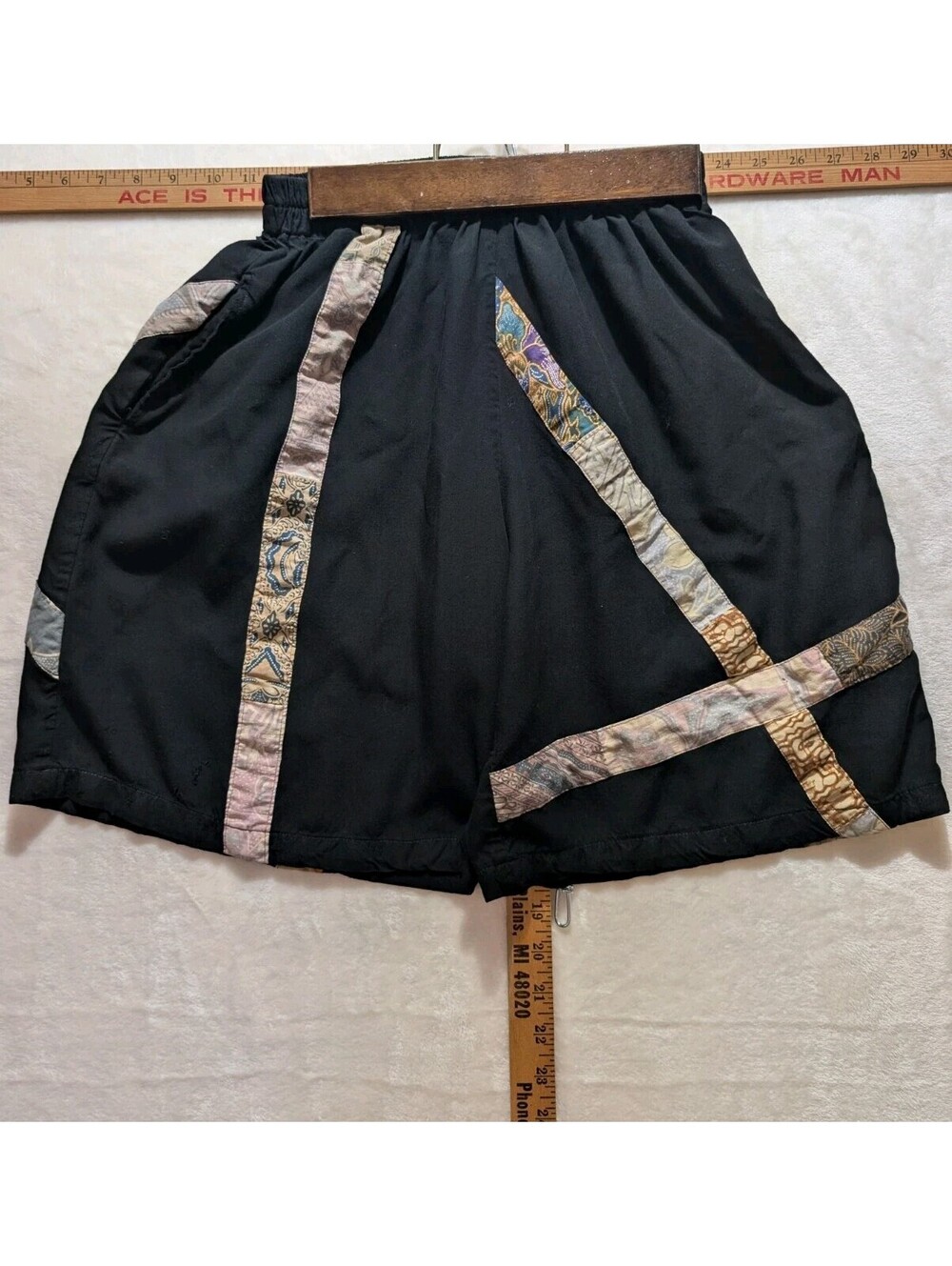 Vintage 90s Nativewear Designs Black Batik Patchwork Rayon Shorts Small